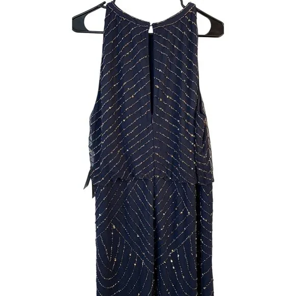 Adrianna Papell 18 Bead Halter Blousen Gown Navy Dress Art Deco Formal NwD - Picture 10 of 14